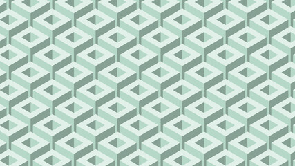 Abstract illustration of 3d geometrical square shapes in seamless pattern against green background