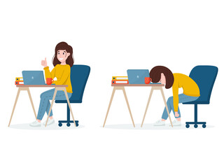 Modern flat design illustration on tired worried woman working hard and calm lady doing work. Burnout concept at work.