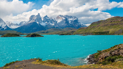 Pehoe Lake Panorama with Cuernos del Paine peaks, Torres del Paine national park, Patagonia, Chile.