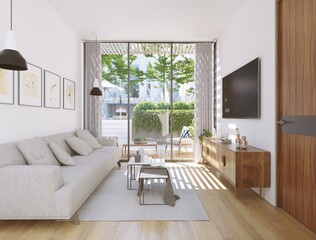 3d rendering modern living room with wooden details