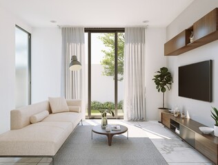 3d rendering modern living room with wooden details