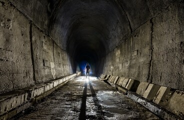 Fototapeta na wymiar Abandoned railway tunnel with light painting