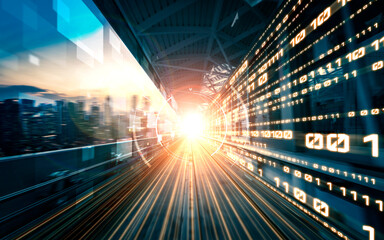 Digital data flow on road with motion blur to create vision of fast speed transfer . Concept of future digital transformation , disruptive innovation and agile business methodology .