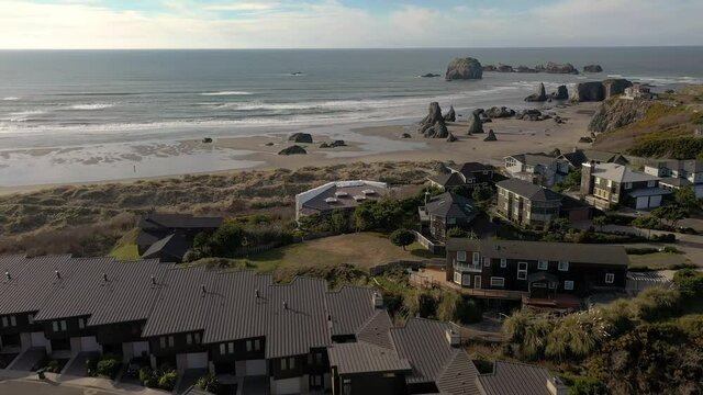 Drone flying over luxury vacation rentals in Bandon Oregon Coast