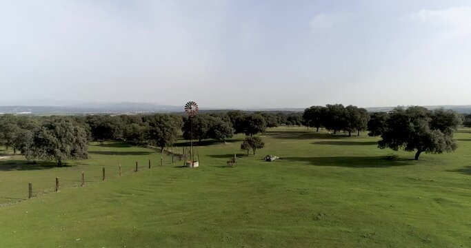 Aerial video Old wind power pump in Spanish farm surrounded by holm oaks
