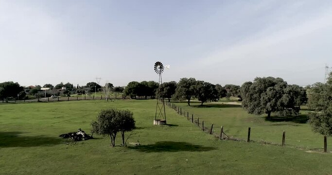 Aerial video Old wind power pump in Spanish farm surrounded by holm oaks