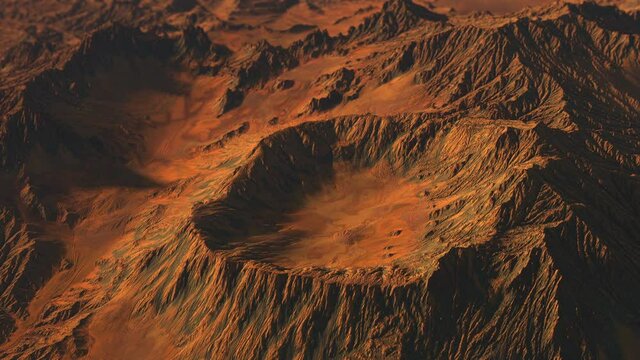 landscape of the planet Mars. surface with hills and depressions, mountains damaged by erosion and kratars. filming from the satellite. 3D animation