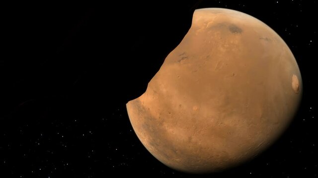 Mars is seen from behind it's small moon, Phobos, in this unique 3D animation of the alien red planet