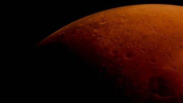 An animation of Mars, it's cratered surface seen from a low orbit, passing below as if from a spaceship, satellite, or probe.