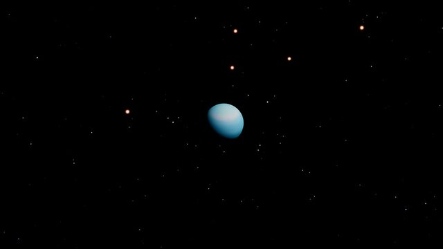 High above the blue gas giant Neptune, one of the Outer Planets, seen with it's many orbiting moons