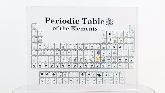 Scientific laboratory periodic table of elements in transparent case, including precious metals and atomic chemical elements, Alkali metals, and Alkaline earth metals