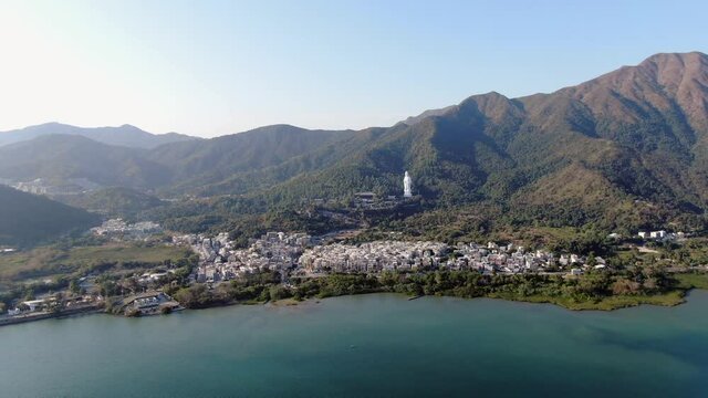 Aerial view of Hong Kong Tsz Shan monastery area and the famous Avalokitesvara Guan Yin Statue, Goddess of mercy.