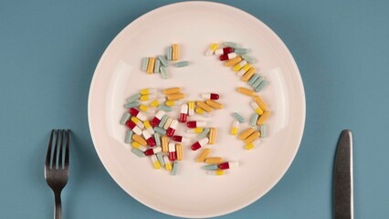 A handful of pills, capsules and multi-colored tablets on a plate next to cutlery. Taking medication. Pills instead of food. The concept of vitamins instead of food