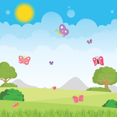 Digitally generated illustration of multiple butterflies flying against spring landscape
