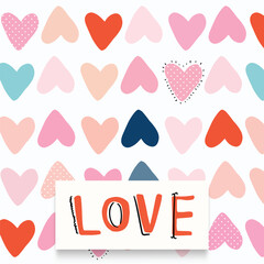 Digitally generated illustration of love text over multiple colorful hearts on white background