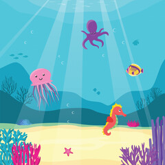 Naklejka na ściany i meble Digitally generated illustration of tropical aquatic animals underwater in ocean