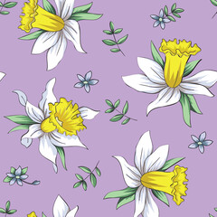 Digitally generated illustration of tropical flowers and leaves against purple background
