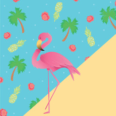 Digitally generated illustration of tropical flamingo bird and fruits icons against blue background