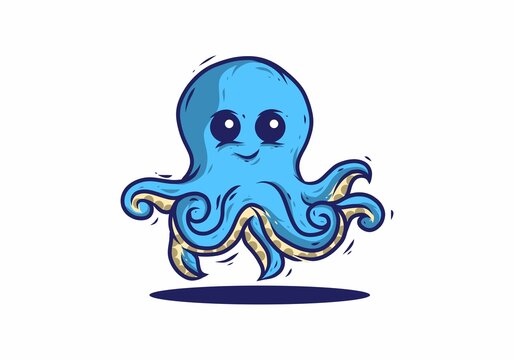 Smiling cute blue octopus illustration