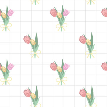 Digitally Generated Illustration Of Multiple Flower Bouquet Over Grid Lines On White Background