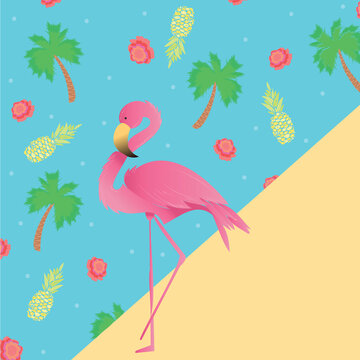 Fototapeta Digitally generated illustration of tropical flamingo bird and fruits icons against blue background