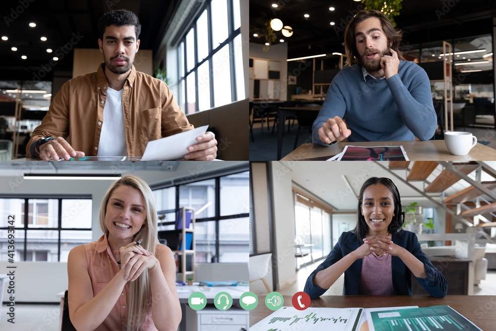 Canvas Prints Diverse businesswomen and businessmen displayed on computer screen during video call