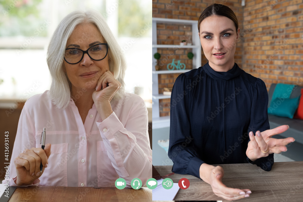 Poster Two businesswomen displayed on computer screen during video call