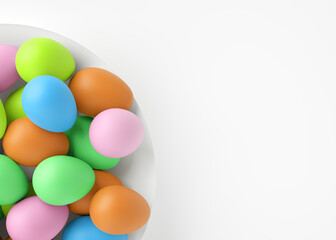 Painted colored eggs on a white plate. Easter holiday. 3D rendering and 3D illustration.
