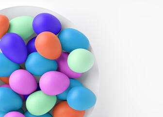 Colored eggs on a white plate close-up. Easter holiday. 3D rendering and 3D illustration.