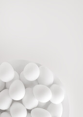 White eggs on a white plate in the lower left corner. Easter holiday. 3D rendering and 3D illustration.
