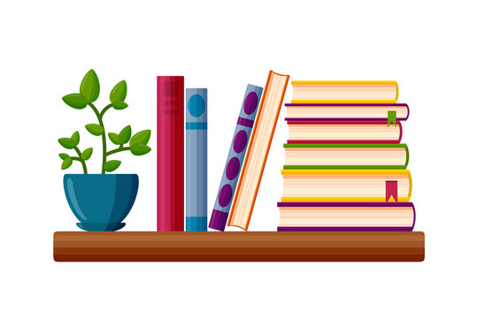 Bookshelf with potted plant. Books in cartoon style. Vector illustration isolated on white background