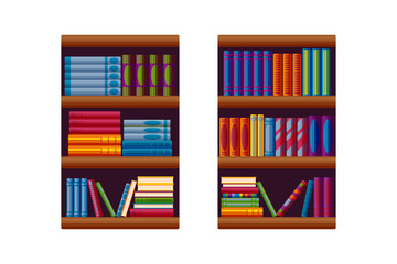 Bookcases for home library. Bestseller bookshop in cartoon style. Vector illustration isolated on white background