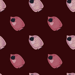 Exotic ocean zoo seamless pattern with lilac butterfly fish print. Dark maroon background. Simple design.