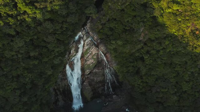 Ohko Waterfall, Top Down Aerial View in Yakushima Japan at Sunset