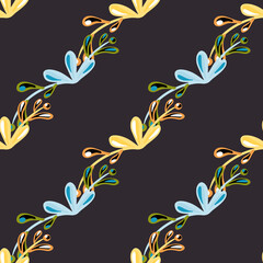 Minimalistic style botany seamless pattern with blue and orange colored floral branches. Dark background.