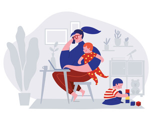 Mother works from home with kid. Woman responding on phone calls, working on computer laptop with a baby on her lap and toddler playing with cubes. Female freelance worker with child at workplace. 