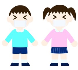 マスクをつけているスモックを着た子供