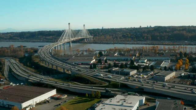 Scenic aerial view of the Port Mann Bridge over the Fraser River in British Columbia.