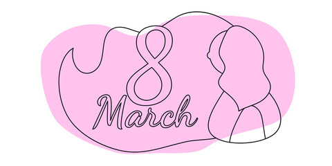 March 8 postcard for International Women's Day. linear style. beautifully flowing hair. Flat style