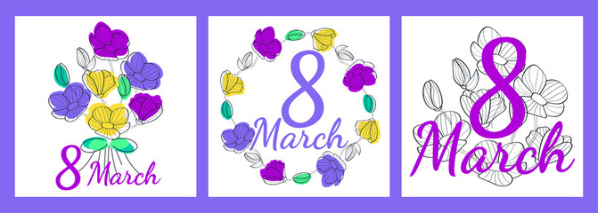 March 8 set of postcards for International Women's Day. template for postcards. bouquet of flowers. linear style