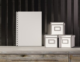 Empty notebook template on a wooden table with boxes. Dark background. 3D rendering.