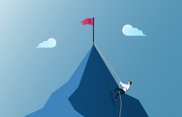 Businessman climbing mountain illustration. Business motivation and effort in career concept.