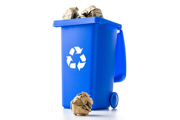 Recycled paper. Blue dustbin for recycle plastic and glass can trash isolated on white background....