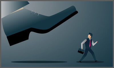 
vector illustration of businessman running because it will be trampled by big male shoes