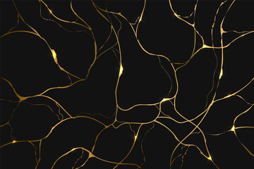 Gold kintsugi on black background. Crack and broken effects. Marble texture. Luxury design for wall art, wallpaper, wedding card, social media. Modern vector illustration.