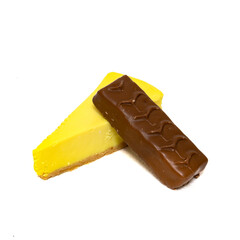 Chocolate and cheesecake isolated on white background. Tasty sweets