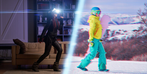 Woman uses vr headset to go snowboarding in virtual reality.