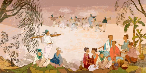 Antikes China. Handgezeichnete Vektorillustration. Orientalische Menschen. Tee-Zeremonie. Traditionelle chinesische Malerei. Tradition und Kultur Asiens. Klassische Wandzeichnung. Wandmalereien und Aquarelle im asiatischen Stil © Matrioshka