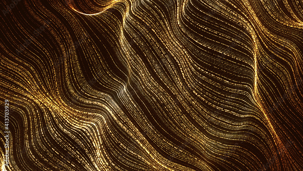 Poster gold particle digital wave flow abstract background. 3d rendering
