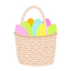 Vector Easter eggs in basket. Hand drawn doodle illustration of wicker picnic basket with colored eggs.